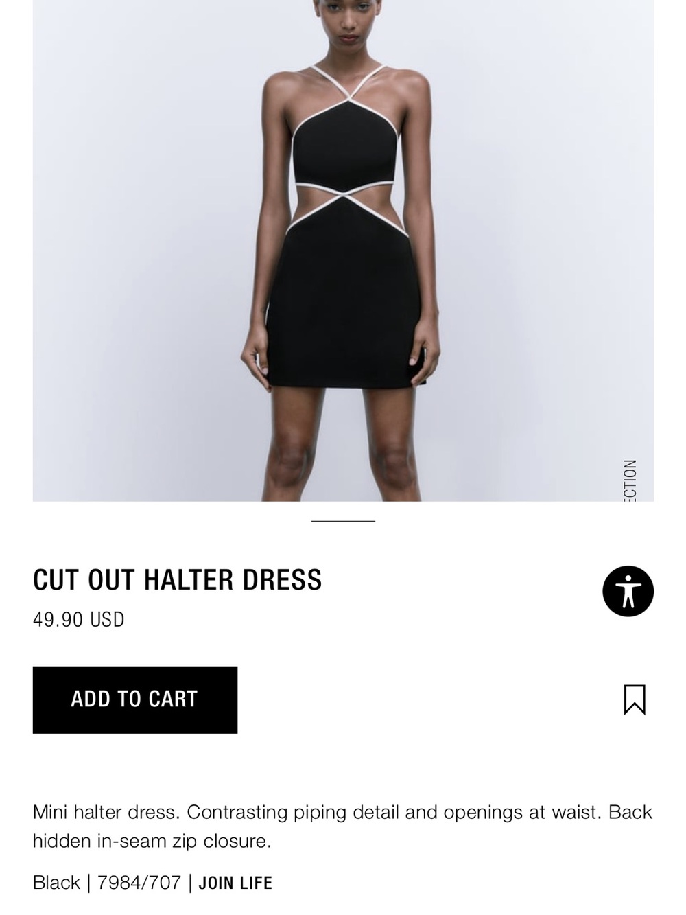 Zara Black Mini Halter Dress with White Piping